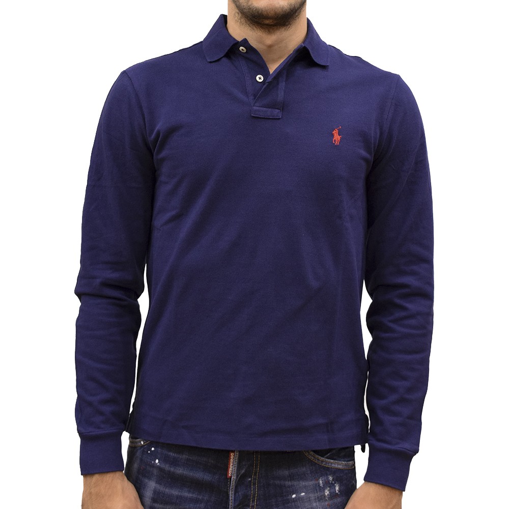 710681126038-1 POLO RALPH LAUREN LONG SLEEVE KNIT POLO SLIM FIT BASIC MESH NEWPORT NAVY - Image 1