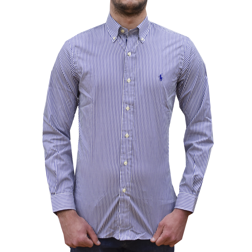710815612012-1 POLO RALPH LAUREN CUSTOM FIT STRIPED POPLIN SHIRT NAVY WHITE - Image 1