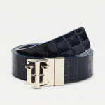 TOMMY HILFIGER WOMAN TH LOGO REVERSIBLE LEATHER BELT 3.0 BLUE CROCO BLACK