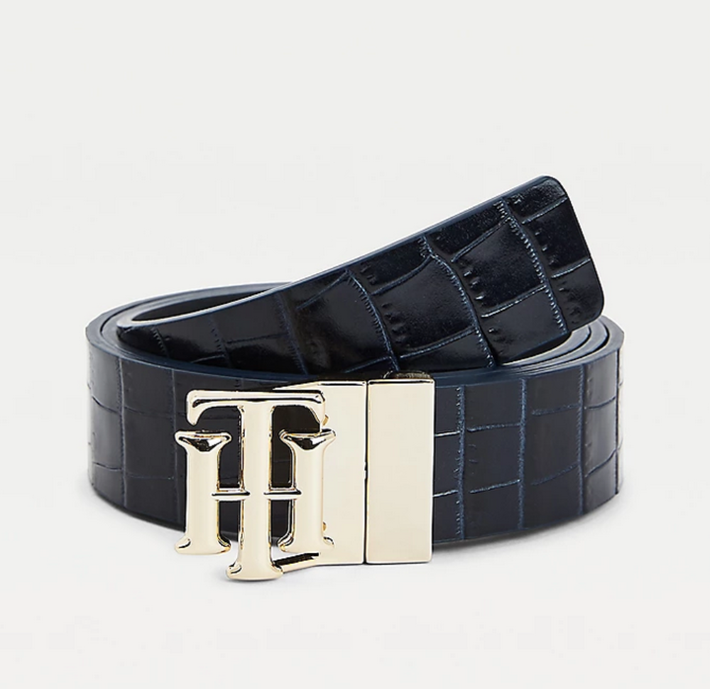 AW0AW10589-0GY-1 TOMMY HILFIGER WOMAN TH LOGO REVERSIBLE LEATHER BELT 3.0 BLUE CROCO BLACK - Image 1