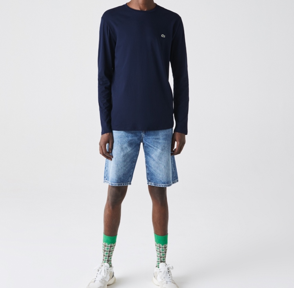 TH6712-00-166-1 LACOSTE MEN'S CREW NECK PIMA COTTON JERSEY LONG SLEEVE T-SHIRT BLEU MARINE - Image 1