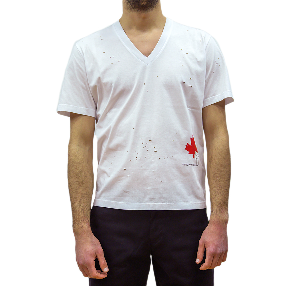 S71GD1136-S22427-100-1 DSQUARED2 CLICK LEAF BOX V-NECK T-SHIRT WHITE - Image 1