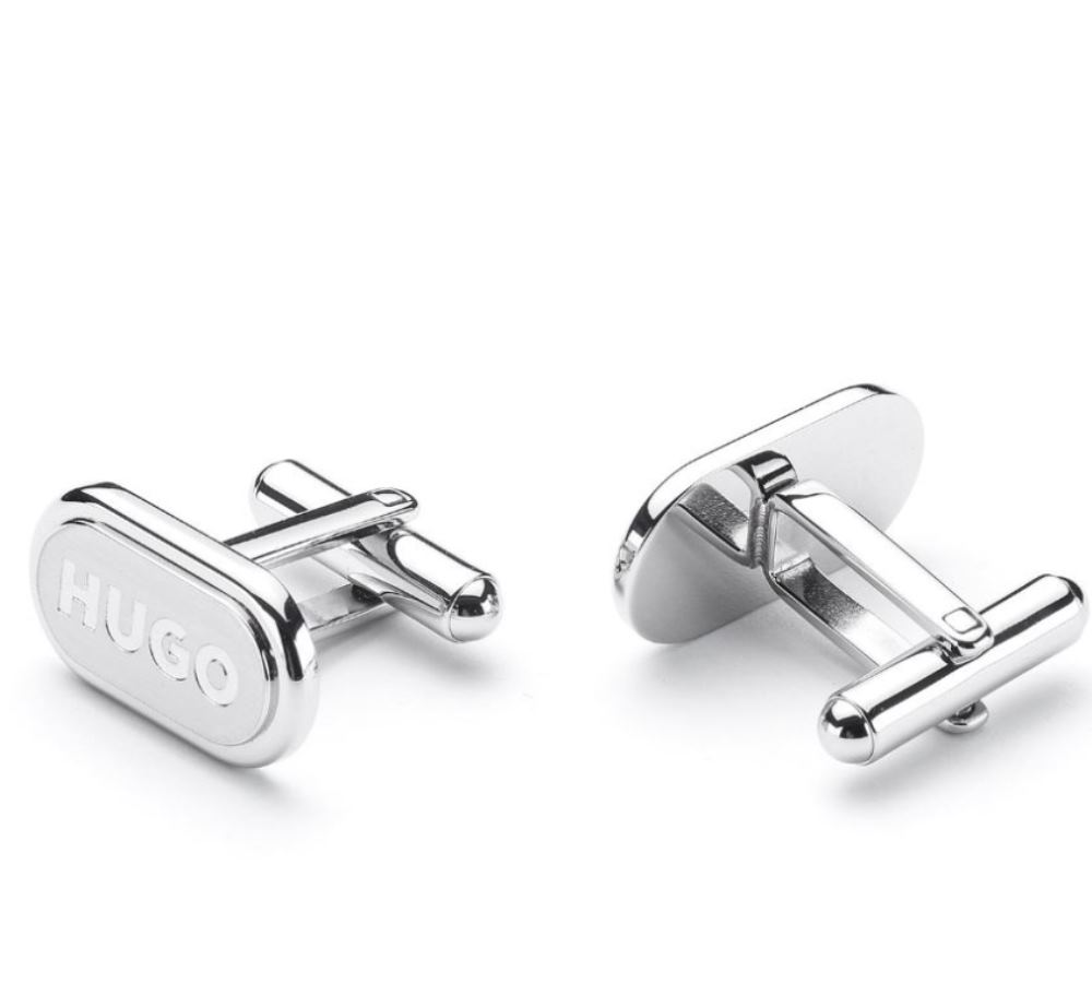 50465865-040-1 HUGO MEN E-CLASSIC OVAL CUFFLINKS WITH ENGRAVED LOGO SILVER - Image 1