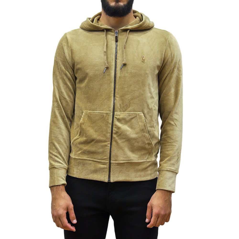 710877154002-1 POLO RALPH LAUREN MEN LONG SLEEVE KNIT CORDUROY FULL-ZIP HOODIE KHAKI - Image 1