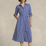 POLO RALPH LAUREN WOMEN  BELTED STRIPED COTTON SHIRTDRESS BRIGHT NAVY WHITE
