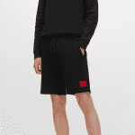 HUGO MEN DIZ222 FRENCH-TERRY-COTTON SHORTS WITH RED LOGO LABEL BLACK