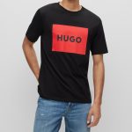 HUGO MEN DULIVE222 COTTON T-SHIRT WITH RED LOGO LABEL BLACK
