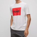 HUGO MEN DULIVE222 COTTON T-SHIRT WITH RED LOGO LABEL WHITE