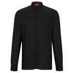 HUGO MEN ELVORY SLIM-FIT SHIRT IN PURE LINEN WITH STAND COLLAR BLACK - Image 6