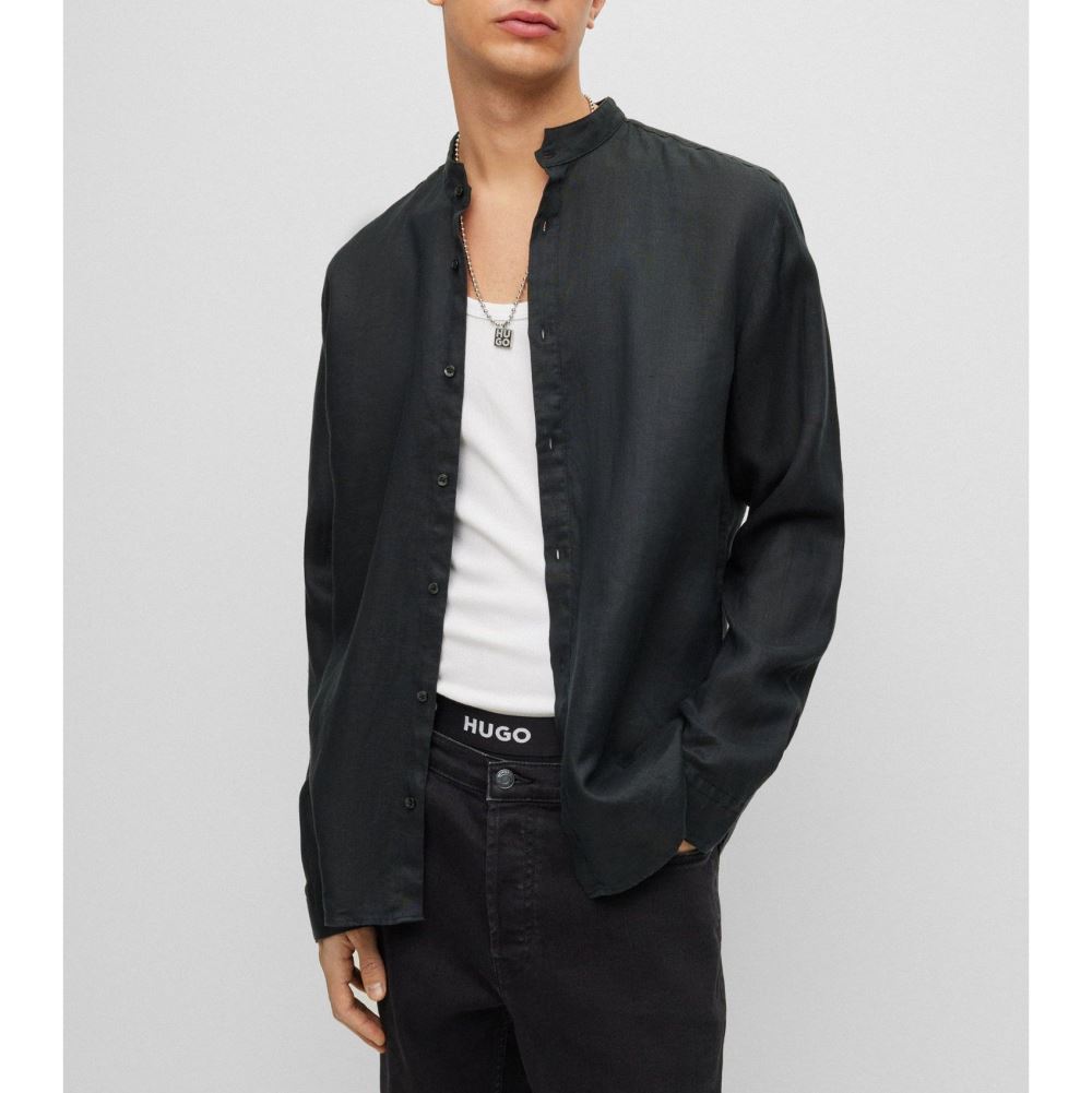 50490740-001-2 HUGO MEN ELVORY SLIM-FIT SHIRT IN PURE LINEN WITH STAND COLLAR BLACK - Image 1