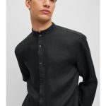 HUGO MEN ELVORY SLIM-FIT SHIRT IN PURE LINEN WITH STAND COLLAR BLACK - Image 2
