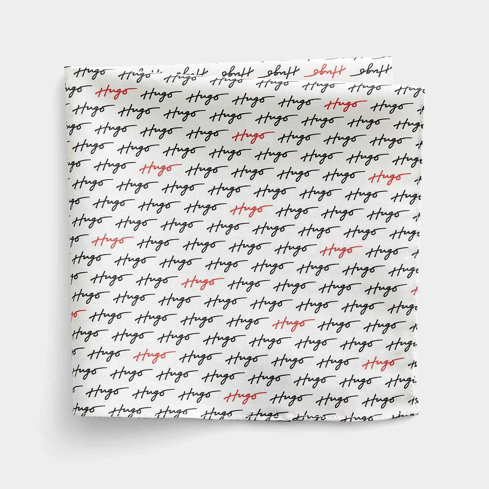 50492577-197-2 HUGO MEN CALLIGRAPHY LOGO POCKET SQUARE WHITE - Image 1