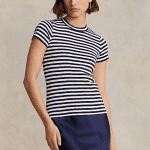 POLO RALPH LAUREN WOMAN STRIPED RIB-KNIT COTTON CREWNECK T-SHIRT CRUISE NAVY/WHITE