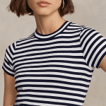 POLO RALPH LAUREN WOMAN STRIPED RIB-KNIT COTTON CREWNECK T-SHIRT CRUISE NAVY/WHITE - Image 2