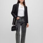 HUGO WOMEN AGURA OVERSIZED-FIT SINGLE-BUTTON JACKET WHITH LOGO PATCH BLACK