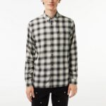 LACOSTE MEN’S REGULAR FIT COTTON AND WOOL BLEND CHECKED FLANNEL SHIRT BLACK / WHITE