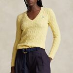 POLO RALPH LAUREN WOMAN CABLE KNIT WOOL CASHMERE V-NECK JUMPER YELLOW