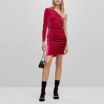 HUGO WOMAN ONE SHOULDER VELOUR DRESS WITH GATHERED DETAILS MEDIUM PINK