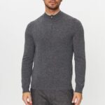 BOSS MEN ZIP NECK SWEATER IN VIRGIN WOOL WITH EMBROIDERED LOGO MEDIUM GREY