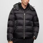 BOSS MEN MONOGRAM JACQUARD WATER REPELLENT PADDED JACKET WITH HOOD BLACK