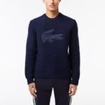 LACOSTE MEN'S WOOL SWEATER WITH QUILTED CROC BADGE NAVY BLUE