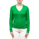 POLO RALPH LAUREN WOMAN CABLE-KNIT COTTON V-NECK JUMPER PREPPY GREEN