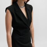 HUGO WOMAN KAMILIAS SLIM-FIT TAILORED DRESS WITH LAPELS AND LOGO PATCH BLACK - Image 3