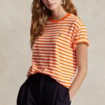 POLO RALPH LAUREN WOMAN  STRIPED ORGANIC COTTON CREWNECK TEE BRIGHT SIGNAL ORANGE/WHITE