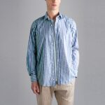 PAUL&SHARK MEN SOFT TOUCH COTTON SHIRT WHITE BLUE STRIPE