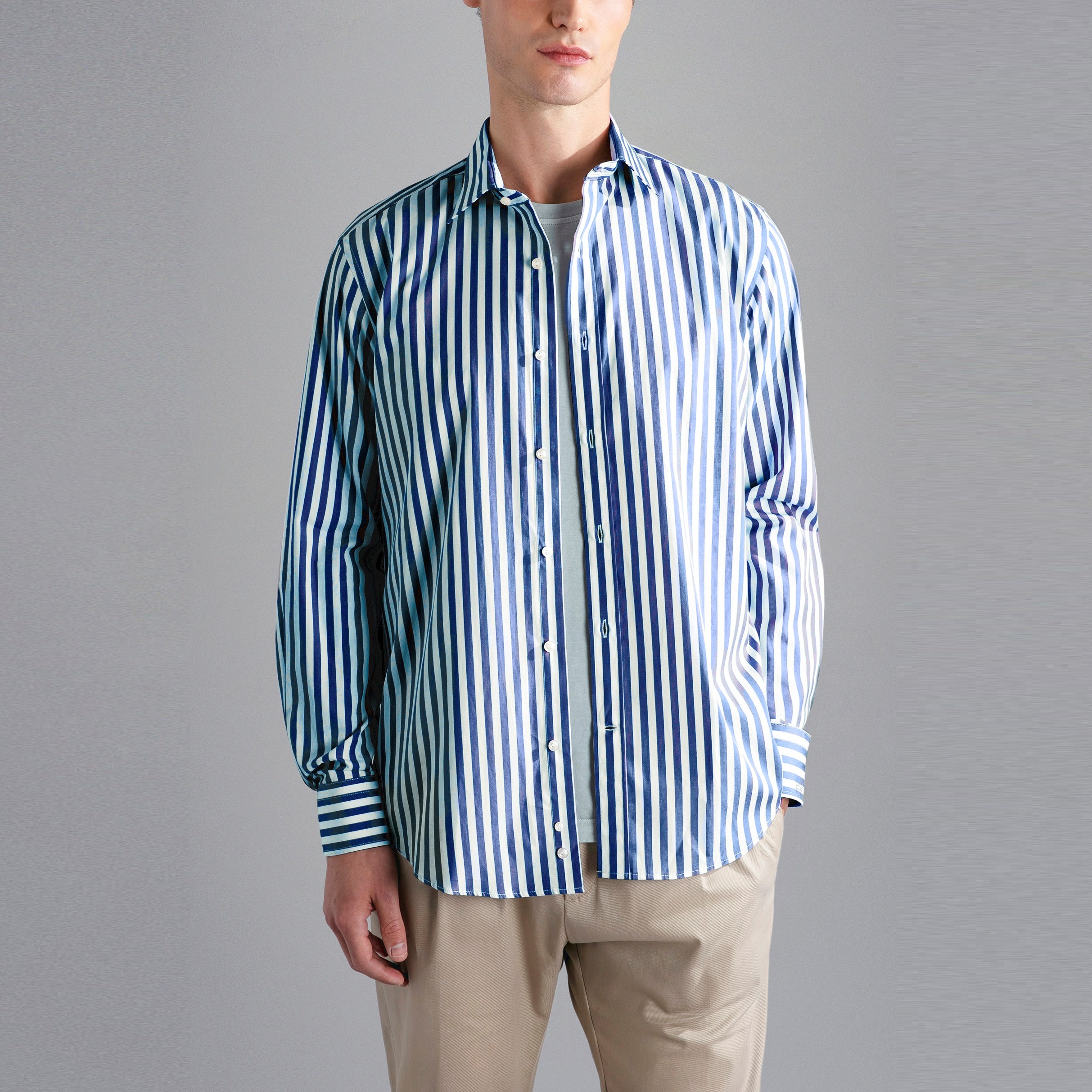 24413086-V97-1 PAUL&SHARK MEN SOFT TOUCH COTTON SHIRT WHITE BLUE STRIPE - Image 1