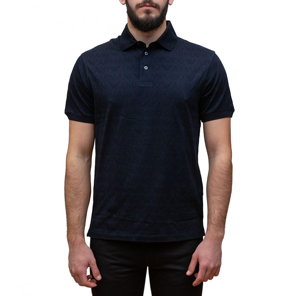3D1FM8-1JORZ-0920-1 EMPORIO ARMANI MEN JERSEY POLO SHIRT WITH ALL-OVER JACQUARD LETTERING NAVY BLUE - Image 1