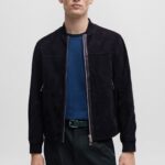HUGO MEN REGULAR-FIT JACKET WITH RIBBED CUFFS IN SUEDE NAVY BLUE