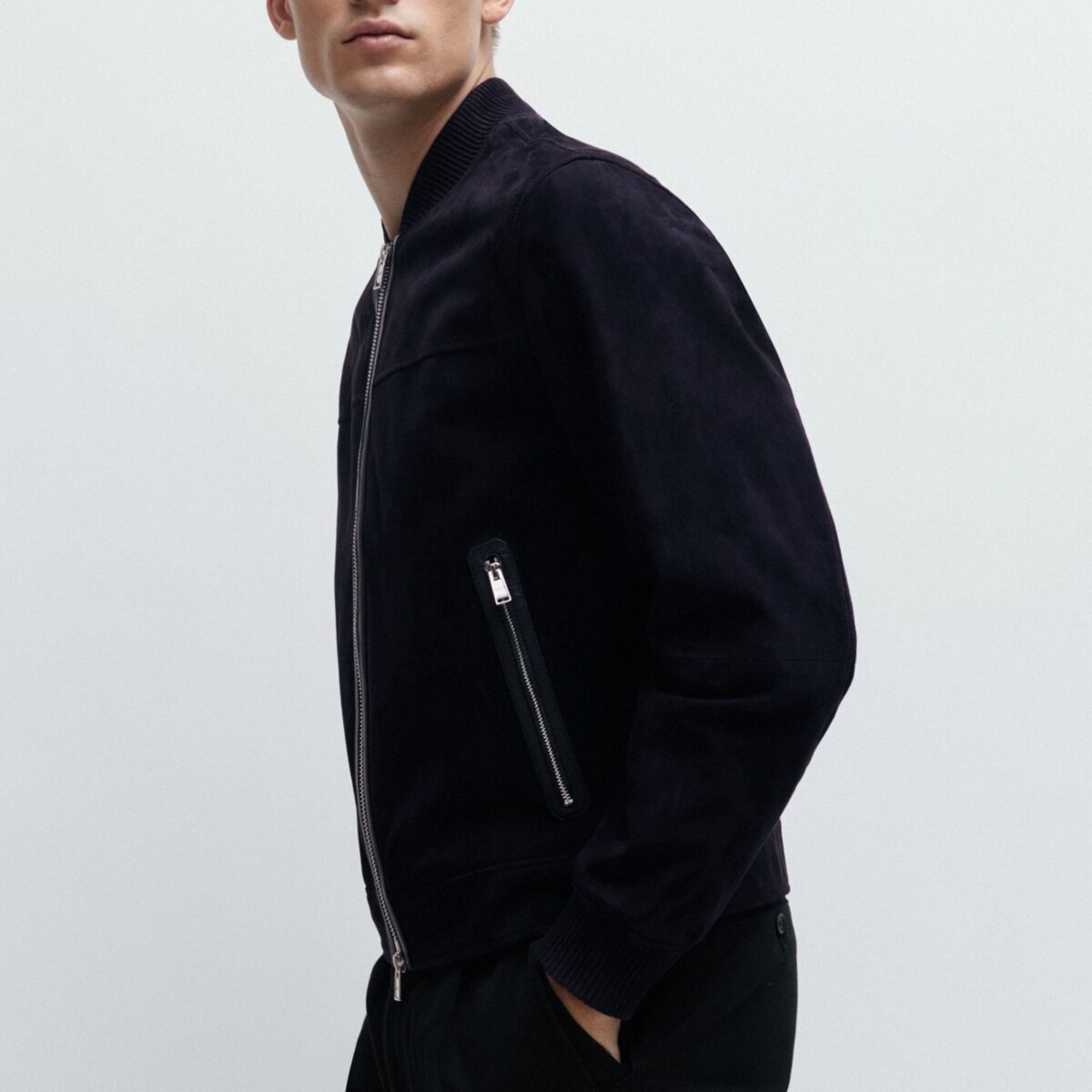 HUGO MEN REGULAR-FIT JACKET WITH RIBBED CUFFS IN SUEDE NAVY BLUE - Image 2