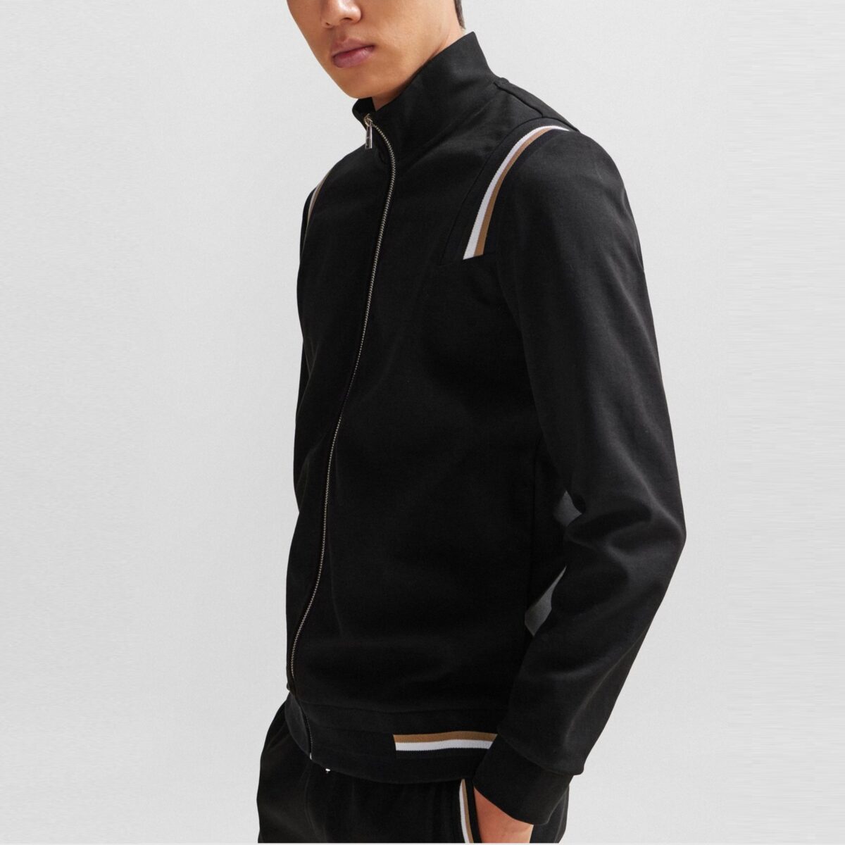 BOSS MEN COTTON-BLEND ZIP-UP SWEATSHIRT WITH SIGNATURE-STRIPE TRIMS BLACK - Image 2