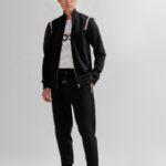 BOSS MEN COTTON-BLEND ZIP-UP SWEATSHIRT WITH SIGNATURE-STRIPE TRIMS BLACK - Image 4