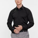 HUGO MEN KENNEW SLIM-FIT DRESS SHIRT IN STRETCH-COTTON SATIN BLACK
