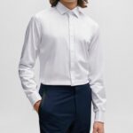 HUGO MEN KENNEW SLIM-FIT DRESS SHIRT IN STRETCH-COTTON SATIN WHITE
