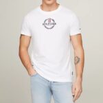TOMMY HILFIGER MEN GLOBAL STRIPE ARCHIVE CREST LOGO SLIM T-SHIRT WHITE