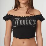 JUICY COUTURE WOMAN BLACK BARDOT DIAMANTE JERSEY TOP - Image 2