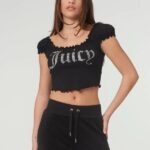 JUICY COUTURE WOMAN BLACK BARDOT DIAMANTE JERSEY TOP