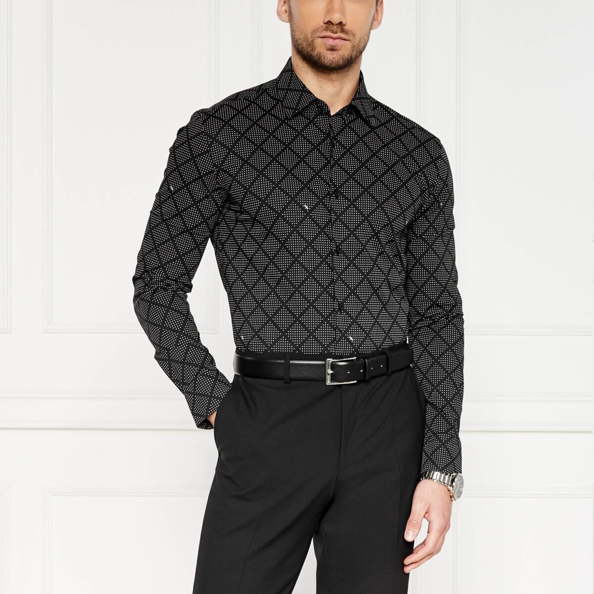 BOSS MEN H-HANK-S-KENT-C1-232 SLIM-FIT SHIRT IN PRINTED STRETCH COTTON BLACK - Image 4
