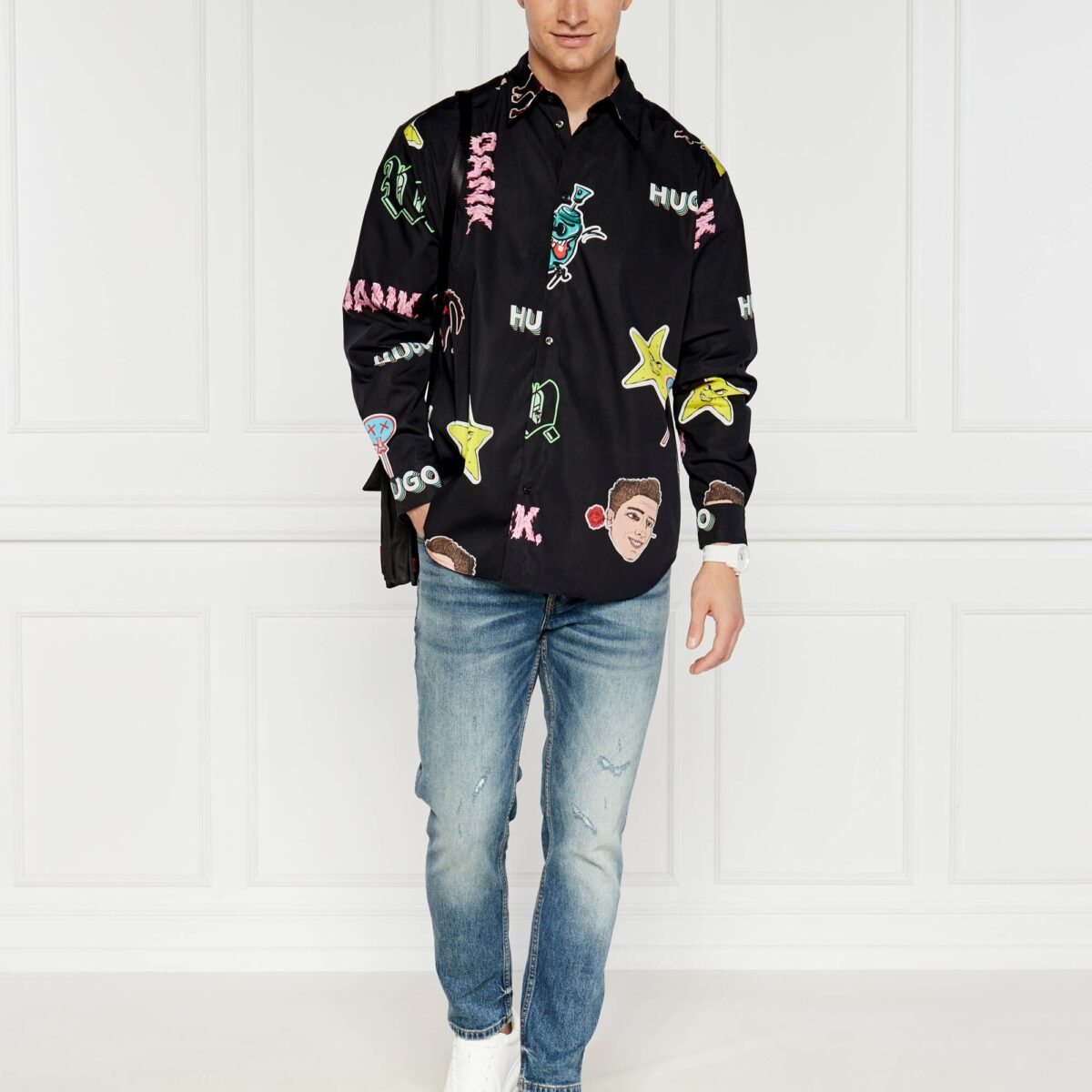 HUGO MEN SHIRT ELLISOE FROM NATURAL COTTON WITH PRINT BLACK - Image 5