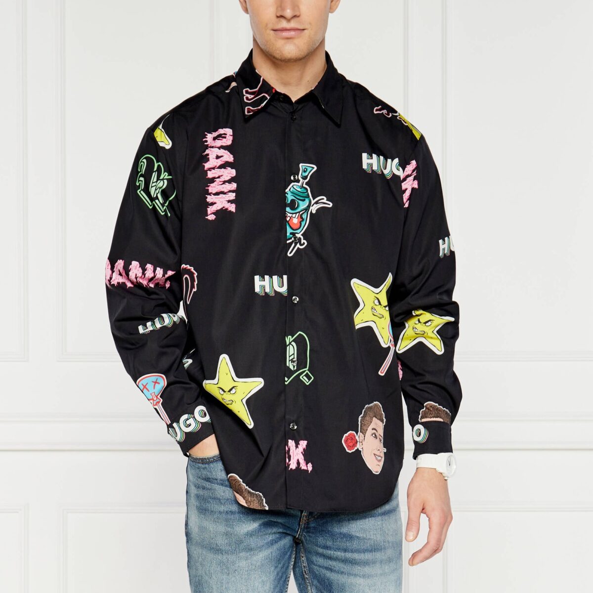 HUGO MEN SHIRT ELLISOE FROM NATURAL COTTON WITH PRINT BLACK - Image 3