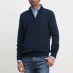 BOSS MEN ZIP NECK SWEATER IN VIRGIN WOOL WITH EMBROIDERED LOGO DARK BLUE
