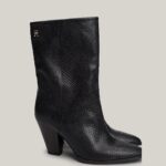 TOMMY HILFIGER WOMAN CUBAN HEEL SNAKE EMBOSSED LEATHER BOOTS BLACK
