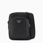 EMPORIO ARMANI MEN ASV REGENERATED SAFFIANO LEATHER SHOULDER BAG WITH EAGLE PLATE