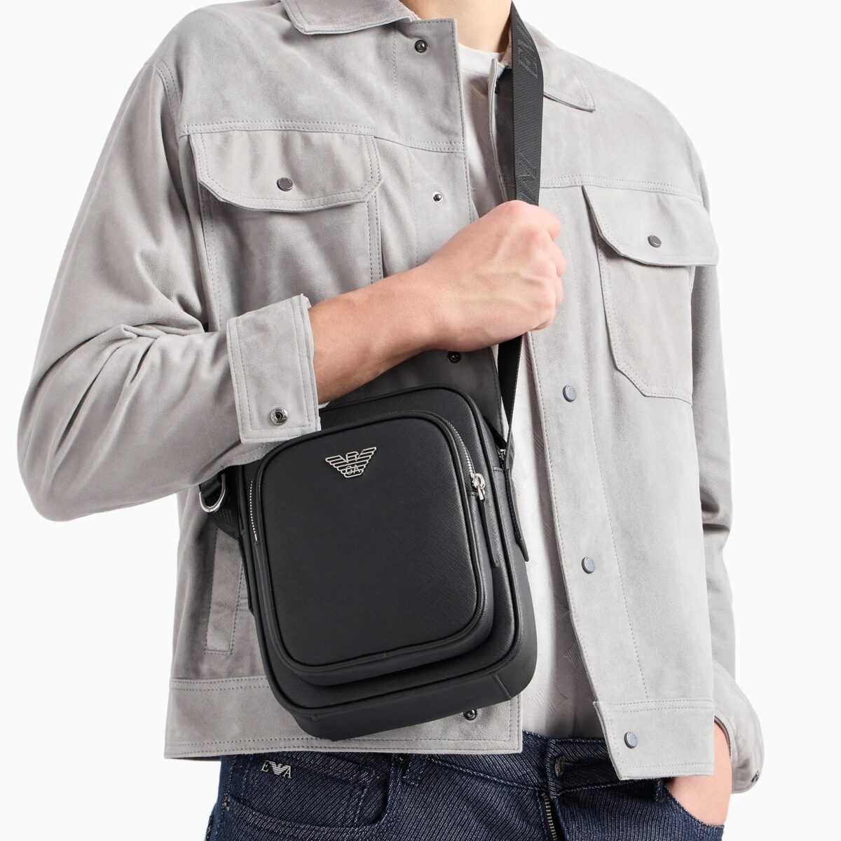 EMPORIO ARMANI MEN ASV REGENERATED SAFFIANO LEATHER SHOULDER BAG WITH EAGLE PLATE - Image 6