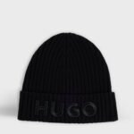 HUGO VIRGIN-WOOL BEANIE HAT WITH LOGO DETAIL BLACK