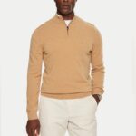 BOSS MEN ZIP NECK SWEATER IN VIRGIN WOOL WITH EMBROIDERED LOGO MEDIUM BEIGE