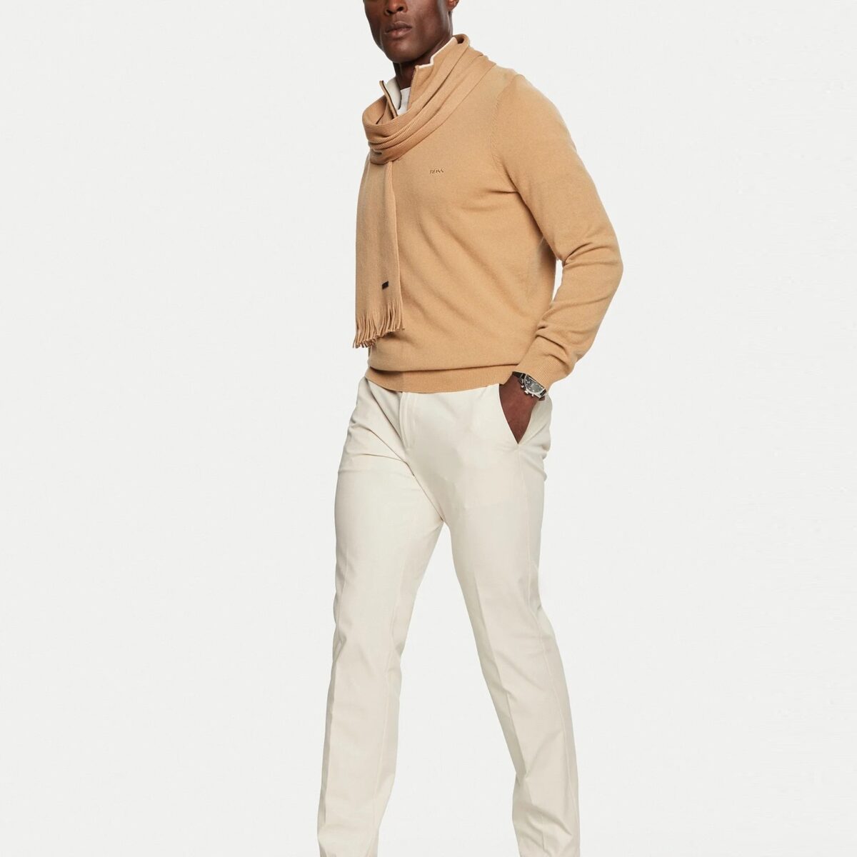 BOSS MEN ZIP NECK SWEATER IN VIRGIN WOOL WITH EMBROIDERED LOGO MEDIUM BEIGE - Image 4